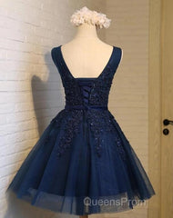 Cute Navy Blue Knee Length Lace Applique Party Dress, Homecoming Dress