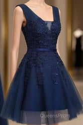 Cute Navy Blue Knee Length Lace Applique Party Dress, Homecoming Dress