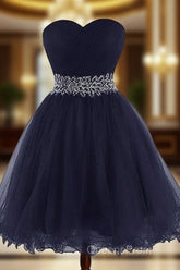 Cute Navy Blue Sweetheart Beaded Homecoming Dress, Short Evening Prom Dress