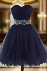 Cute Navy Blue Sweetheart Beaded Homecoming Dress, Short Evening Prom Dress