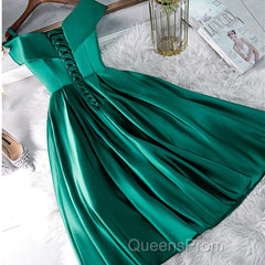 Cute Off Shoulder Green Satin Short Evening Prom Dress, Off the Shoulder Green Homecoming Dress, Green Formal Evening Dress