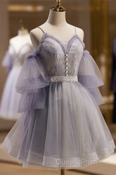 Cute Off Shoulder Tulle And Lace Straps Homecoming Dress, Short Evening Prom Dress