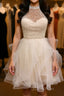 Cute Open Back Champagne Beaded Short Evening Prom Dress, Fluffy Champagne Beaded Homecoming Dress