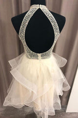 Cute Open Back Champagne Beaded Short Evening Prom Dress, Fluffy Champagne Beaded Homecoming Dress