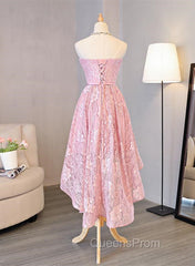 Cute Pink High Low Lace Scoop Homecoming Dress, Pink Short Evening Prom Dress