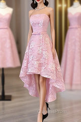Cute Pink High Low Lace Scoop Homecoming Dress, Pink Short Evening Prom Dress