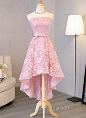 Cute Pink High Low Lace Scoop Homecoming Dress, Pink Short Evening Prom Dress