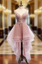 Cute Pink High Low Tulle with Lace Evening Prom Dress High Low Homecoming Dress Evening Prom Dress shops