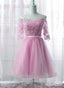 Cute Pink Knee Length Short Sleeves Party Dress, Tulle Evening Prom Dress