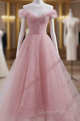 Cute Pink Princess Tulle Sequin Evening Prom Dress Off The Shoulder Evening Dress