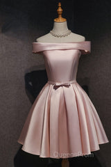 Cute Pink Satin Off Shoulder Knee Length Formal Dress, Lovely Evening Prom Dress