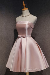 Cute Pink Satin Scoop Knee Length Short Evening Prom Dress Homecoming Dress, Pink Formal Dress