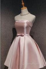 Cute Pink Satin Scoop Knee Length Short Evening Prom Dress Homecoming Dress, Pink Formal Dress