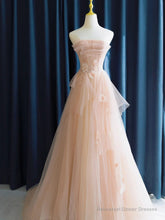 Cute Pink Strapless Tulle Long Formal Dress with Flowers, Pink Tulle Prom Dress