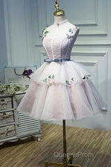 Cute Pink Tulle Short Flowers Lace Layers Formal Dress, Pink Short Homecoming Dress