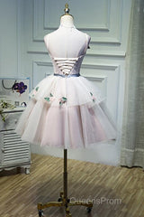 Cute Pink Tulle Short Flowers Lace Layers Formal Dress, Pink Short Homecoming Dress