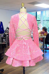 Cute Pink V Neck Long Sleeves Homecoming Dress