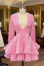Cute Pink V Neck Long Sleeves Homecoming Dress
