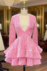 Cute Pink V Neck Long Sleeves Homecoming Dress