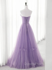 Cute Purple Tulle A-Line Long Evening Prom Dress With Flowers, Purple Tulle Party Dress