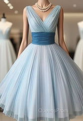 Cute Retro V Neck Blue Short Evening Prom Dress, Bridesmaid Dress
