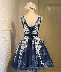 Cute Round Neck Lace Tulle Dark Blue Short Evening Prom Dress, Bridesmaid Dress