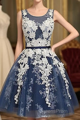 Cute Round Neck Lace Tulle Dark Blue Short Evening Prom Dress, Bridesmaid Dress