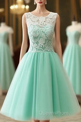 Cute Round Neck Lace Tulle Short Green Evening Prom Dress, Bridesmaid Dress