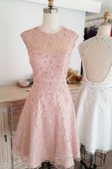 Cute round neck tulle lace short Evening Prom Dress lace bridesmaid Dress