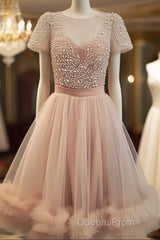 Cute Round Neck Tulle Short Evening Prom Dress, Cute Homecoming Dress