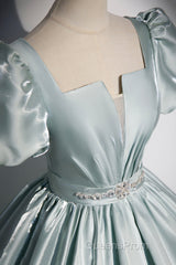 Cute Satin Floor Length Evening Prom Dress, A-Line Short Sleeve Evening Party Dress