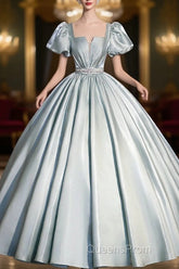 Cute Satin Floor Length Evening Prom Dress, A-Line Short Sleeve Evening Party Dress