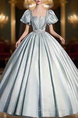 Cute Satin Floor Length Evening Prom Dress, A-Line Short Sleeve Evening Party Dress