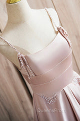 Cute Satin Long A-Line Pink Evening Prom Dress, Spaghetti Straps Evening Dress