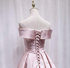 Cute Satin Pink Sweetheart Off Shoulder Knee Length Party Dress, Short Evening Prom Dress