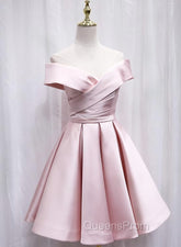 Cute Satin Pink Sweetheart Off Shoulder Knee Length Party Dress, Short Evening Prom Dress