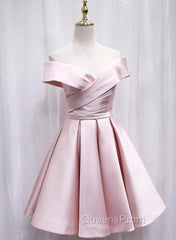 Cute Satin Pink Sweetheart Off Shoulder Knee Length Party Dress, Short Evening Prom Dress