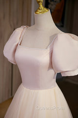 Cute Satin Tulle Long Evening Prom Dress, A-Line Short Sleeve Evening Dress
