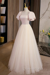 Cute Satin Tulle Long Evening Prom Dress, A-Line Short Sleeve Evening Dress