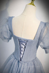 Cute Shiny Tulle Long Evening Prom Dress, A-Line Short Sleeve Evening Party Dress