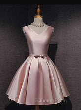 Cute Short Satin Pink V-neckline Knee Length Party Dress, Pink Evening Prom Dress Homecoming Dress