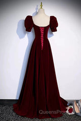 Cute Short Sleeves Burgundy Long Evening Prom Dress