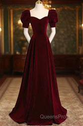 Cute Short Sleeves Burgundy Long Evening Prom Dress