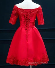 Cute Short Sleeves Satin Knee Length Party Dress, Short Homecoming Dress