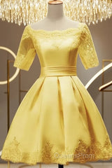 Cute Short Sleeves Satin Knee Length Party Dress, Short Homecoming Dress