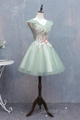 Cute Short Tulle V-Neckline With Flower Lace Party Dress Homecoming Dress, Short Formal Dress