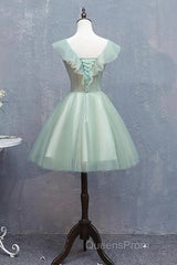 Cute Short Tulle V-Neckline With Flower Lace Party Dress Homecoming Dress, Short Formal Dress