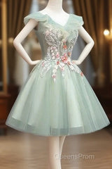 Cute Short Tulle V-Neckline With Flower Lace Party Dress Homecoming Dress, Short Formal Dress