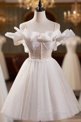 Cute Spaghetti Strap Tulle Lace Homecoming Dress, Off Shoulder Short Evening Prom Dress