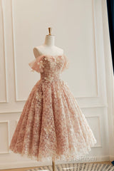Cute Tulle Flower Short Evening Prom Dress, Beautiful Off The Shoulder A-Line Evening Party Dress